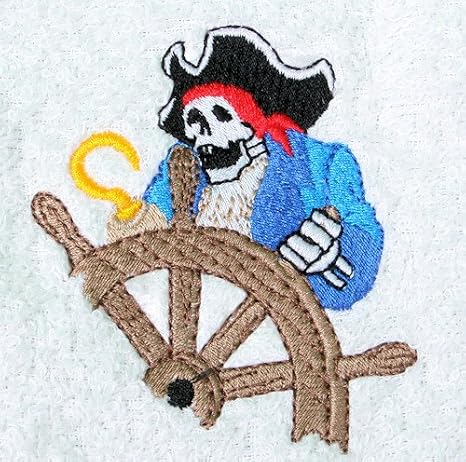 Bath Towel Set with Embroidered Pirate at the Ship's Wheel