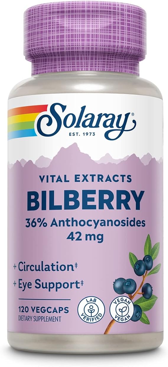 SOLARAY Bilberry Berry Extract 42 mg, Eye Health & Circulation Support, with 36% Anthocyanosides, Vegan, 120 VegCaps