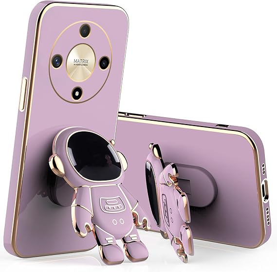 Compatible with Honor X9b Case with Plating Creative Astronaut Cartoon Holder Pink, Honor Magic 6 Lite Phone Case Silicone Shockproof Stand Soft TPU Protective Slim Cover (Purple)