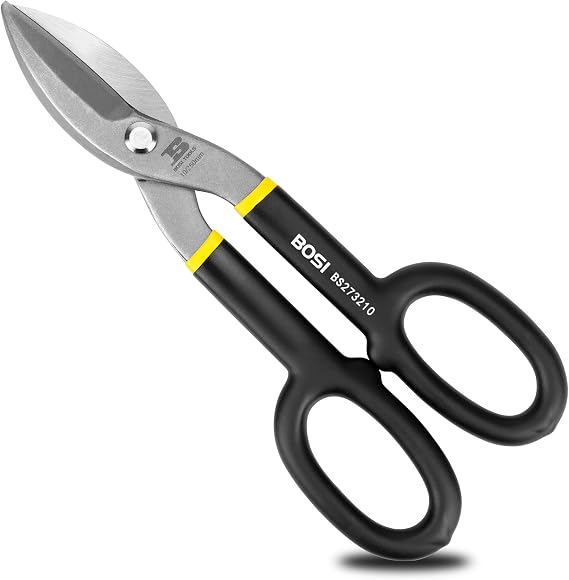 10 Inch Straight Pattern Tin Snips Metal Cutters, High Strength Forged and Heat Treated Carbon Steel with Comfortable Black Rubber Handle