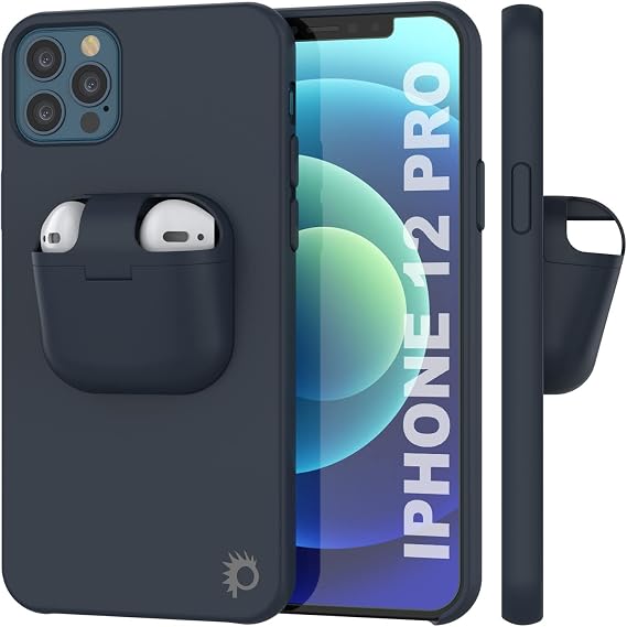 PunkCase for iPhone 12 Pro Airpods Case Holder (CenterPods Series) | Slim & Durable 2 in 1 Cover Designed for iPhone 12 Pro (6.1") | Protects Your Phone & Stores Your AirPods Gen. 1 & 2 [Blue]