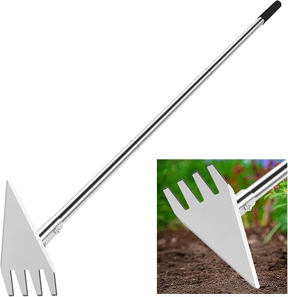 BARAYSTUS Hoe Garden Tool, 2-in-1 Garden Hoe & Weed Rake, 29.5"-57.7" Adjustable Long Handle, Stainless Steel Cultivator for Weeding, Digging, Loosening Soil, Planting & Root Removal