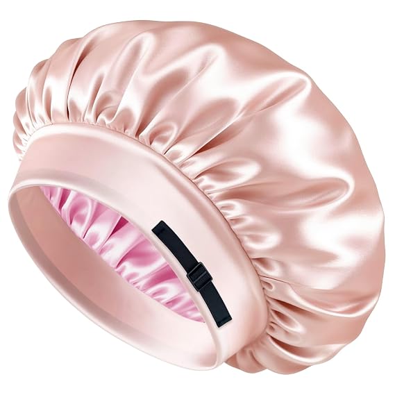 BONNET QUEEN Silk Bonnet for Sleeping Women Satin Bonnet Hair Bonnet Adjustable Reversible Double Layered Sleep Night Cap for Curly Hair Jade and Pink