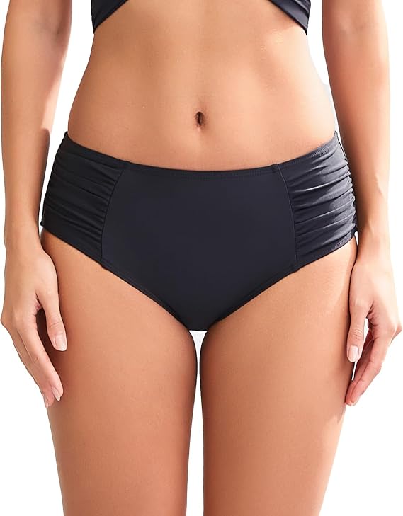 Mid Rise Full Coverage Bikini Bottoms for Women Ruched Bathing Suit Bottoms