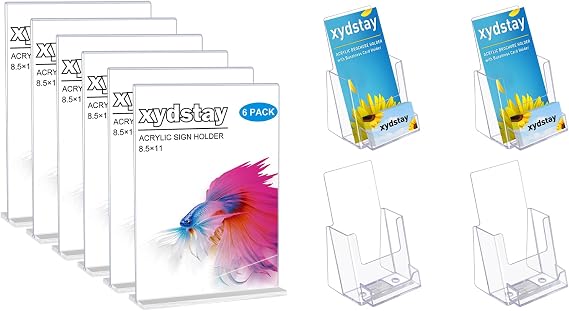 xydstay Acrylic Brochure Holder 4 X 9 with Business Card 4 Pack & Acrylic Sign Holder 8.5 X 11 6 Pack, Clear Display Stand, Plastic Menu Holder for Office, Home, Store