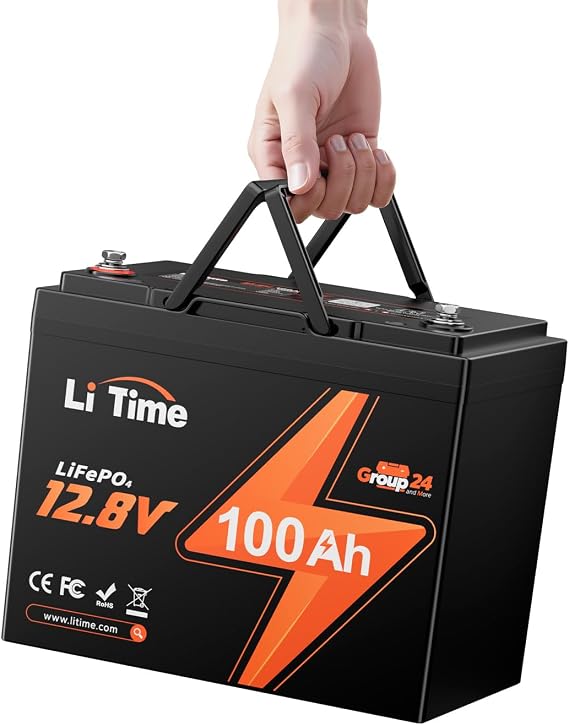 LiTime 12V 100Ah RV Lithium Battery,Group 24 Rechargeable LiFePO4 Battery with Up to 15000 Cycles, 1.28kWh and Higher Energy Density, Perfect for Trolling Motors, Boat, Marine, Solar etc. | 100A BMS, 1280Wh Energy, Max. 15000 Cycle at 60% DOD, IP65 Waterproof,Max 4P4S, for Camper, Travel Trailer