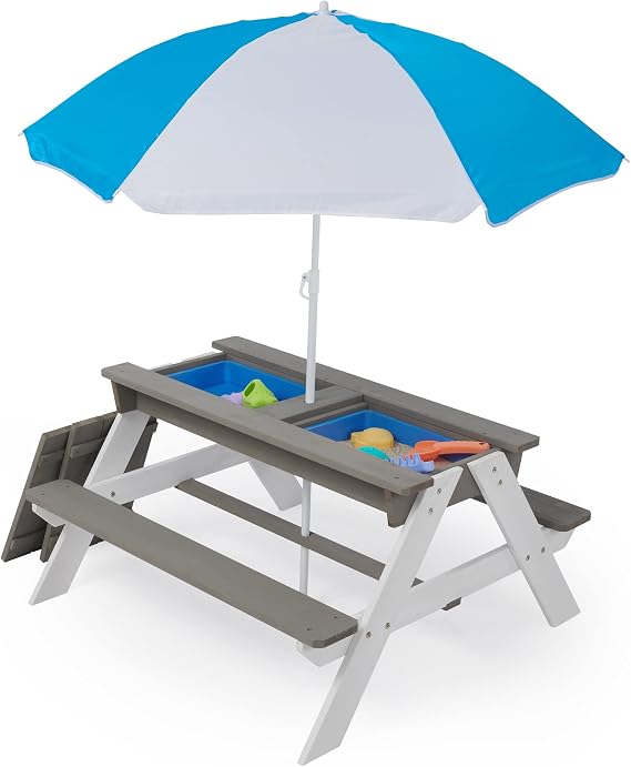 Kids Picnic Table, 3-in-1 Outdoor Wooden Table with Adjustable Umbrella and Convertible Sand & Water Activity, oddler Patio Furniture Set for Outdoors Backyard Garden, Gray