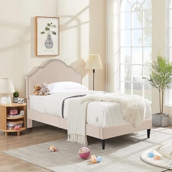 Twin Bed Frame with Upholstered Headboard, Twin Platform Bed Frame with Wooden Slats Support, Heavy Duty Mattress Foundation, No Box Spring Needed, Noise Free, Easy Assembly