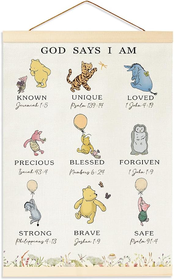 Winnie Biblical Affirmations Wall Art, The Pooh Canvas Wall Art Painting for Room, Wooden Hanging Rod Religious Gifts, Nursery Decoration For Boy or Girl