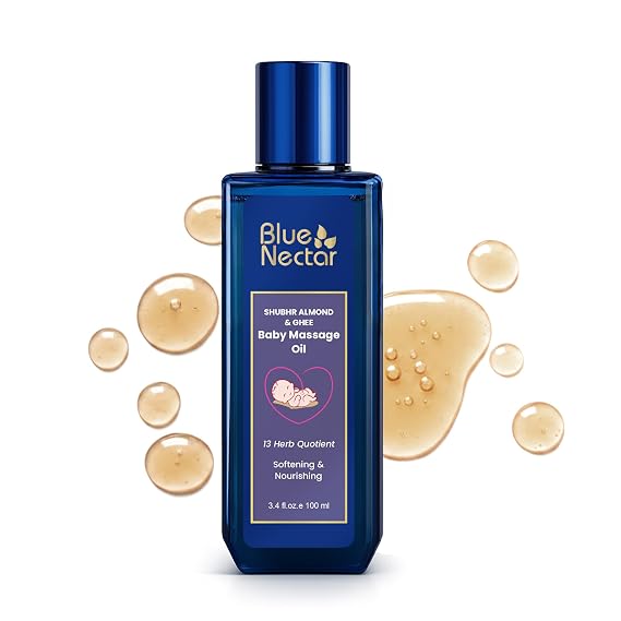 Blue Nectar Ayurveda Gentle Baby Oil for Newborn Skin Care | 100% Natural Moisturizing Coconut Oil, Organic Ghee & Almond Oil for Baby Massage (13 Herbs, 3.38 Fl Oz)