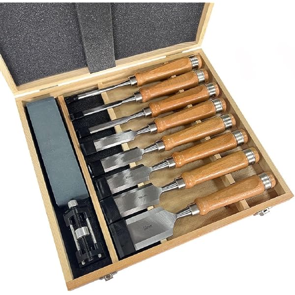 Wood Chisel Tool DIY Chisel Tool Specialty Set Includes Double-Sided Whetstone Repair Stone Bit Solid Wood Chisel Heavy Duty Flat Chisel Excellent Sharpness Professional Woodworking Tool Set 8PCS, Beech Wood Handle