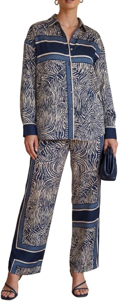 YUSHE Animal Print Co-ord Set | Lightweight Shirt and Pants Set for Women | Summer Two Piece Sets | Casual Vacation Outfits