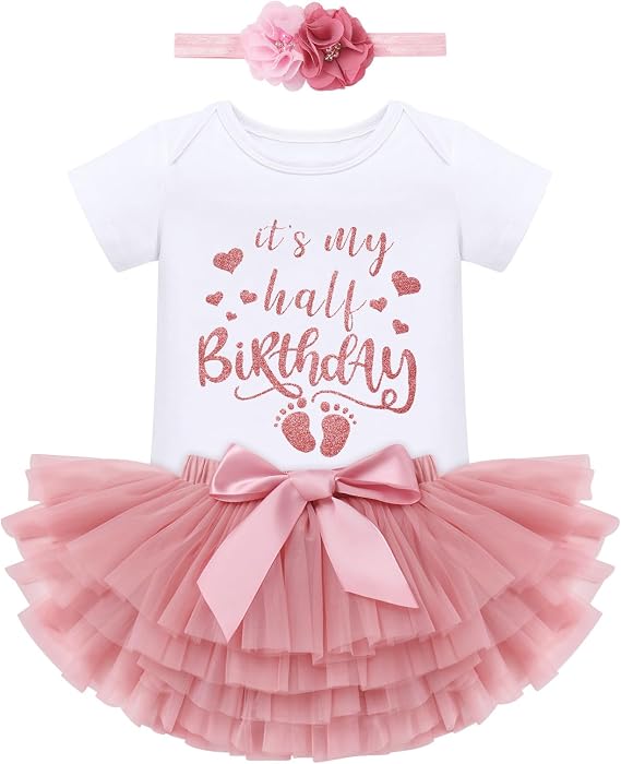 OBEEII Baby Girl Half Birthday Outfit Groovy Party Boho Flower Romper+Tutu Skirt+Headband Set Cake Smash Photoshoot Prop