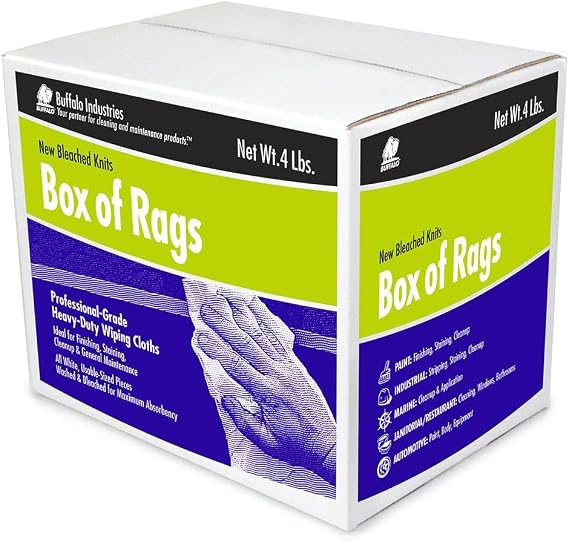 Buffalo Industries (12020) New White Bleached Knit Rags, 4 lb. box - All-Purpose Wiping, Cleaning, Polishing, Medium-Weight T-shirt Material, Washed and Bleached for Super Absorbency and Low-Linting