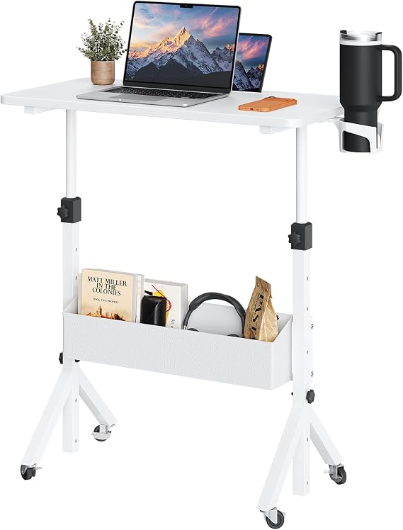 ErGear Mobile Standing Desk with Wheels, Adjustable Height 28.3 to 46.1, Rolling Laptop Cart with Cup Holder, Storage Basket, Computer & Pen Slot, Home Office Stand Up Desk, White (31.5 x 15.75)