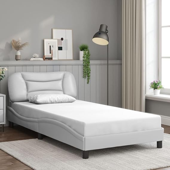 White Faux Leather Bed Frame with Storage, Modern Platform Bed Frame for Bedroom, Single Size Rectangular Indoor Bedframe with Cushioned Headboard