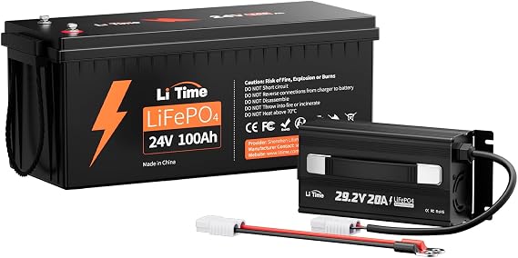LiTime 24V 100Ah Lithium Battery with 20A Charger for Off-grid, RV, Camper