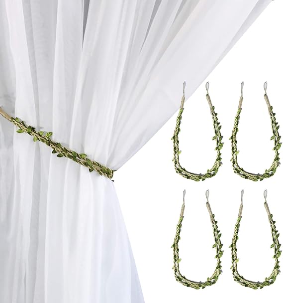 Valea Home Curtain Tiebacks Ropes Natural Burlap Rope Holdbacks with Artificial Vines Fake Foliage Ivy Leaf for Rustic Wedding Party Home Decorative Curtain Holders, Set of 4