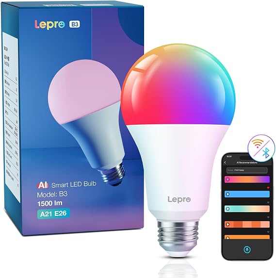 100W形Lepro AI Smart Bulb B3 Wi-Fi Light 1pc LED E26 AI Lighting Designer Over 1500lm Bright/Dimmable Color Changing/12W Energy Saving/Bulb Color・Neutral White・Daylight Color・Daylight White・Rainbow