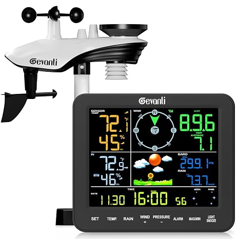 Gevanti SA8 Home Weather Station with Rain Gauge and Wind Speed, Weather Stations Wireless Indoor Outdoor with Rain Gauge Outdoor, Forecast, Temperature, Humidity, Moon Phase, Alarm Clock(No WiFi)
