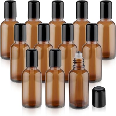12 Pcs Essential Oil Roller Bottles Amber Glass Roller Bottles Refillable Cosmetic Vials Containers with Stainless Steel Roller Balls & Black Lid - 30ml1oz