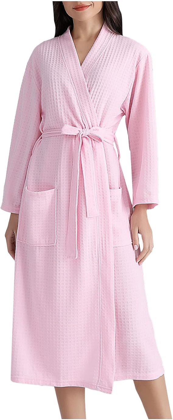 Terry Cloth Robes for Women Soft Waffle Bathrobes Casual Knee Length Sleepwear Solid Color Spa Hotel Robe