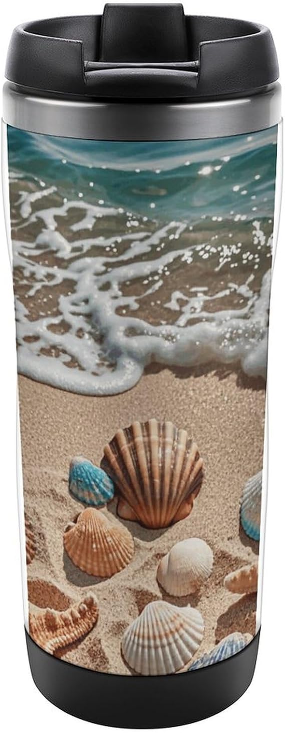 Travel Mug Sea Beach Seashells Starfish Blue Coffee Cup Reusable Insulated Tumbler with Lid Travel Coffee Mug Stainless Steel Insulated Coffee Tumbler for Coffee Tea And Drinks