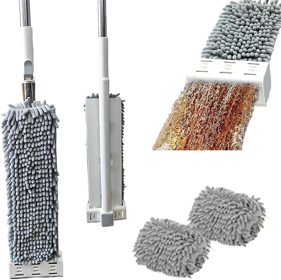 Hand-Free Self Microfiber Cleaning Mop Set - Dry & Wet Use for Hardwood Floors,Wood,Tile & Vinyl with 2pcs Large 45cm/17.72inch Washable Chenille Pads (Mop with 2 Fibers)