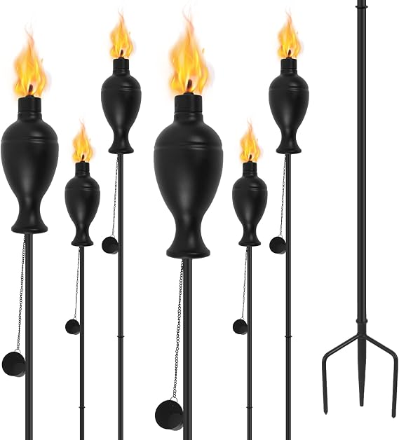 ZSPENG 6-Pack Torches for Outside, Metal Torch with 3-Prong Grounded Stake