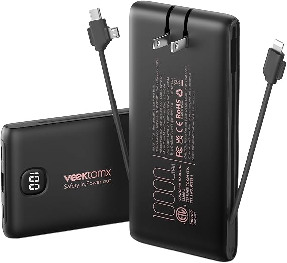 Portable Charger Power Bank Built in Cables and Wall Plug, 10000mAh iPhone Battery Pack Fast Charging, USB C External Slim Power Bank, Travel Essentials Compatible with iPhone 17 16 15 14 iPad, Black