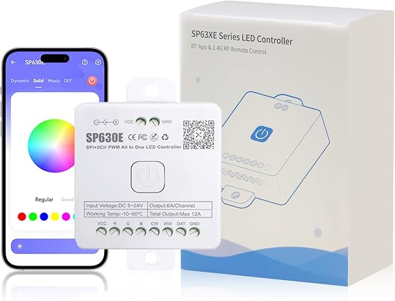 Bluetooth Led Strip Controller - Sp630e Compatible RGB, RGBW, RGBCCT, CCT | 5 In 1 Pwm(NO IC), Spi(IC) Dual Mode, Smart App Group Control, Music Capture Wireless Controller for Led Strip Lights