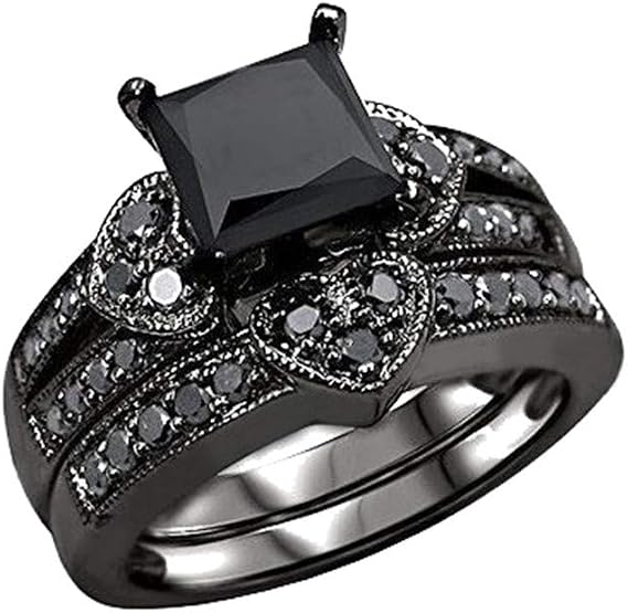 2Pcs Lady Wedding Bands Engagement Ring Square Cut Cubics Zirconia Rings Bridal Ring Exquisite Jewelry Sets (Black #2, 10)