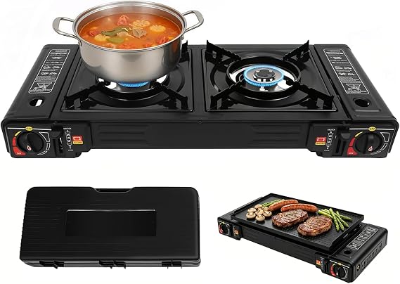 PERFERATE 2 Burner Butane Stove Portable Dual Burner Butane Camping Stove with Grill Tray and Storage Case High-Power Outdoor Gas Grill for Outdoor Travel, Camping, BBQ, Home