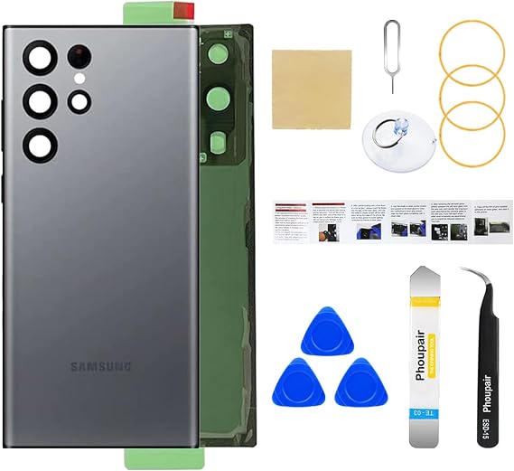 Rear Back Glass Replacement for Samsung Galaxy S22 Ultra 5G with Professional Reparing Toolkit and Installation Instruction (Gray)