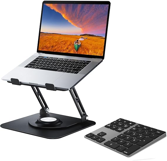 Laptop Stand for Desk, Adjustable Computer Stand with 360 Rotating Base. USB-C Rechargeable External 34-Keys Wireless Bluetooth Number Pad for iMac, MacBook Air/Pro, PC Desktop, Laptop Notebook