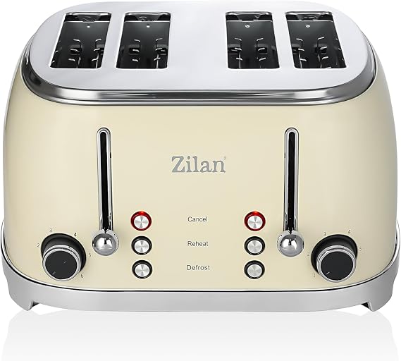 Zilan ZLN1214 60'S Retro Toaster -Cream - 4 Slices Capacity, 6 Stage Adjustment, Frozen Bread Thawing & Reheating Feature, 1500W