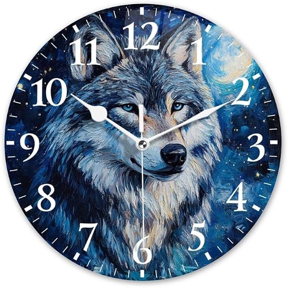 Battery Operated Round Wall Clock Non-Ticking Silent Analog Clcok Decorative for Living Room,Office,Kitchen-Wolf Under A Starry Sky  Moon(14inch)