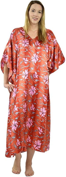 Up2date Fashion Women's Satin Caftan Water Liliies Prints, Silky One Size Kaftan Loungewear