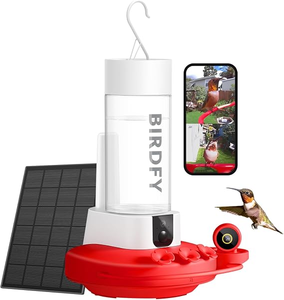 Hummingbird Feeder with Dual Cameras - 2K HD Smart Cameras Solar Powered, Close-Up Bird Video/Live Watching & Instant Notifications, Ant Moat & Leakproof - 20oz