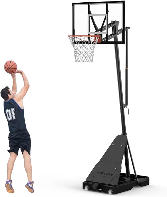 Portable Basketball Hoop Outdoor with 44 Inch Backboard, 5.5-10FT Height Adjustable Basketball Goal with Wheels, Heavy-Duty Base, Weather-Resistant Backboard