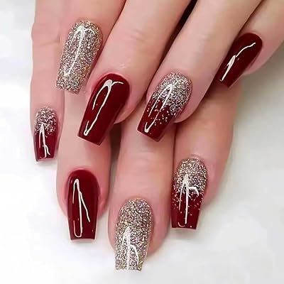 RikView Red Press on Nails Medium Fake Nails Glitter Nails Square Acrylic Nails Glossy Full Cover Nails 24 PCsSet Medium Red Glitter