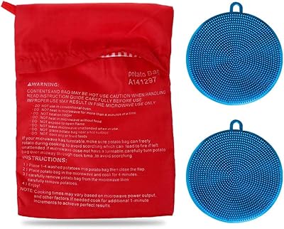 Premium Microwave Potato Bag Kit, with 2PCS Silicone Vegetable Scrubber Brush, Reusable Baked Potato Pouch and Multipurpose Silicone Dish Sponge - Perfect Dishes in Just 4 Min Blue