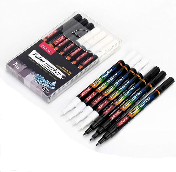 ZEYAR White and Black Acrylic Paint pen, Water Based, Set of 7, Extra Fine Point, Great for Rock Painting, Ceramic, Glass, Wood and smooth surfaces, Opaque ink (White and Black)