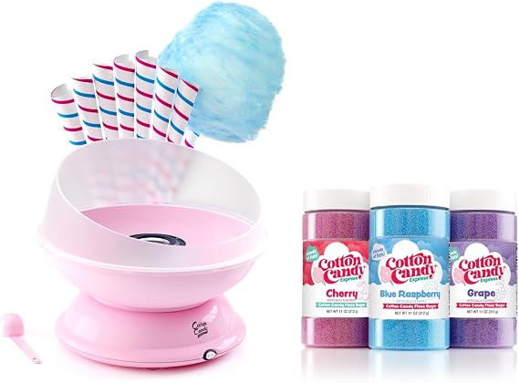 Cotton Candy Express Floss Sugar Variety Pack with three total 11oz Plastic Jars of Cherry, Blue Raspberry & Grape Flossing Sugars bundled with Cotton Candy Express CC1000-S Cotton Candy Machine, Pink