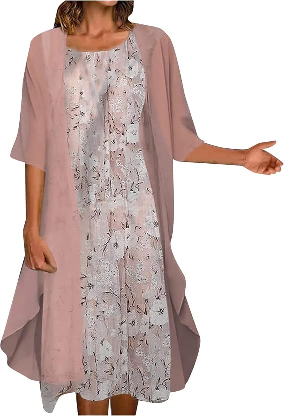 Zhyaj Womens Floral Print Midi Dress with Chiffon Cardigan Plus Size Sleeveless Two Piece Set for Wedding Guest Attire
