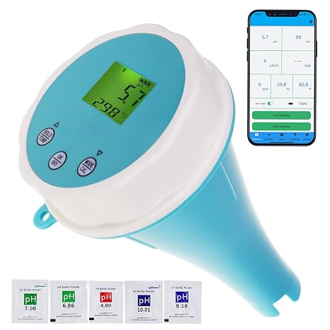 6-in-1 Floating Smart Pool Monitor with Bluetooth Connectivity | Accurate Water Quality Tester for EC, Salinity, pH, ORP, Temperature, and Chlorine | Digital Display for Pools, Hot Tubs, Swim Spas