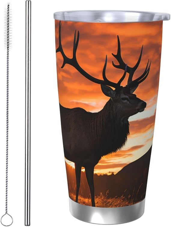 Red Deer Bull Elk Sunset Tumbler with Lids and Straw, 20 oz Stainless Steel Insulated Coffee Mug Double Wall Vacuum Water Bottle Leakproof Car Cup Travel Thermal Cup for Hot and Cold Drinks