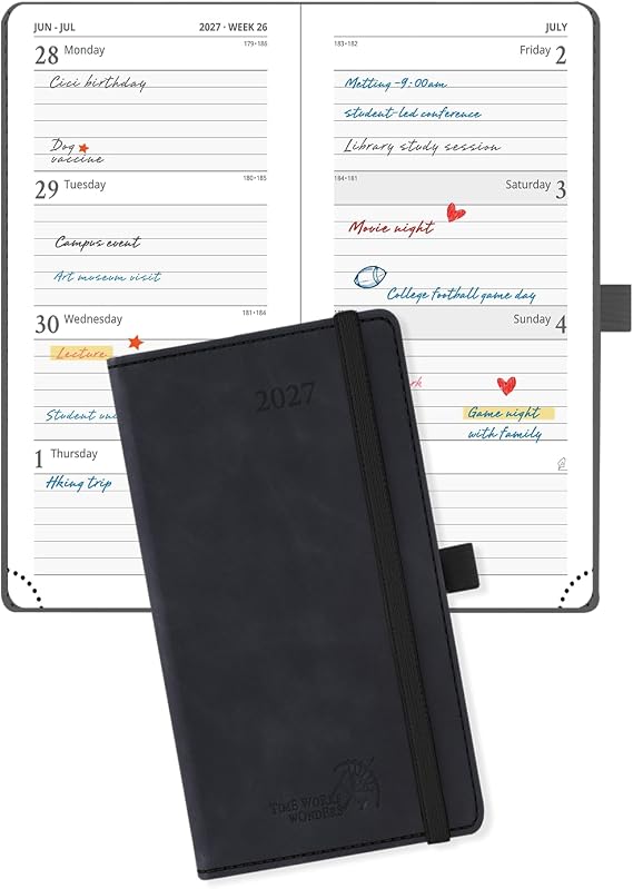 POPRUN 2027 Pocket Calendar for Purse, 3.5" x 6.5" Small Weekly Planner | Mini Day Planner 2027, Slim Daily Agenda with Horizontal Layout, Inner-Pocket, Hardcover, 80 GSM Paper, Black