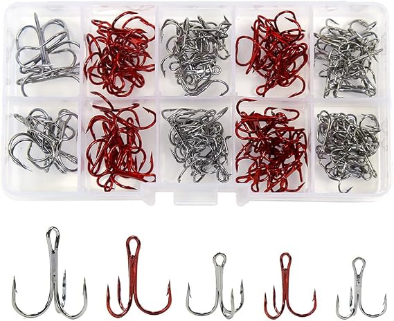 130 PCS Treble Hooks Kit High Carbon Steel Round Bend for Lures Baits Fishing Hook Set 4# 6# 8# 10# for Freshwater Saltwater