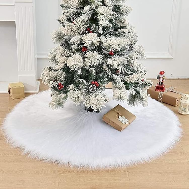 71 Inch Christmas Tree Skirt, Extra Large Thick Faux Fur, White Plush Velvet for Merry Christmas Party Decor